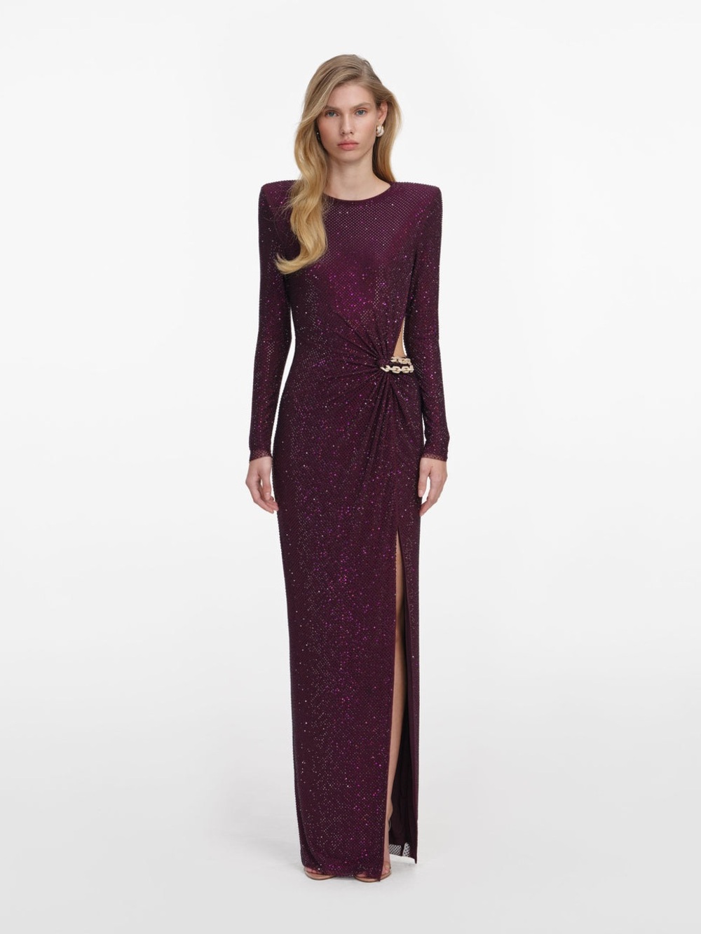 NWOT Self-Portrait Burgundy Rhinestone Embellished Maxi Dress, Size US 0/2/4/6/8